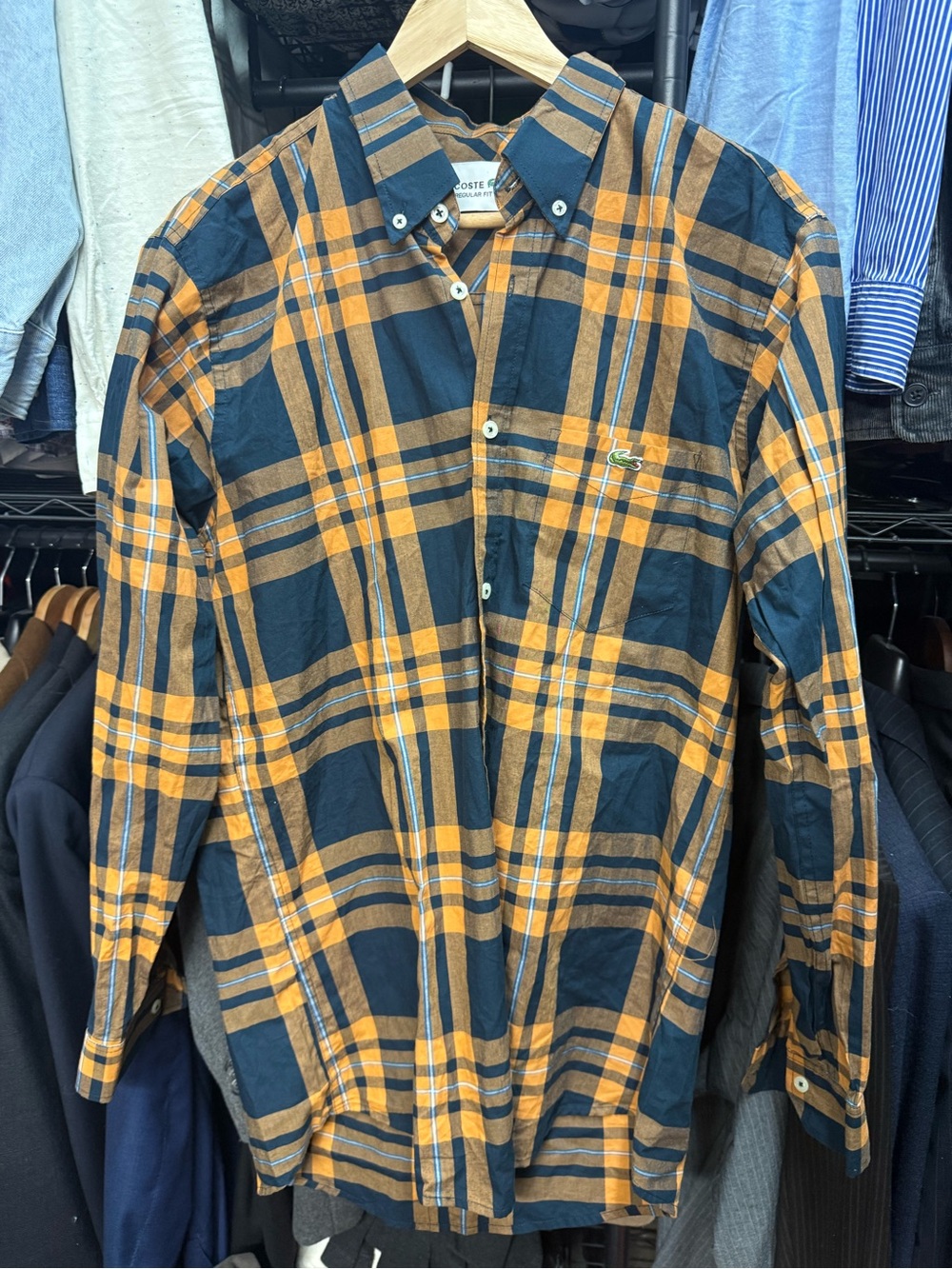 Lacoste Men's Navy and Yellow Plaid Button-Down Shirt